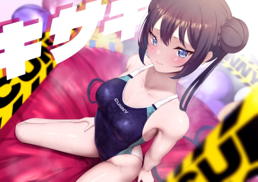 1girls bare_shoulders black_hair blue_archive blue_eyes blue_swimsuit blush chest collarbone competition_swimsuit dearonnus dutch_angle embarrassed eyelashes female female_only hair_buns heart-shaped_pupils highres kisaki_(blue_archive) kneeling legs light-skinned_female long_hair looking_at_viewer medium_breasts nervous on_person one-piece_swimsuit shanhaijing_secondary_school_student side_armpit sitting solo spread_legs swimsuit tight_clothing wet_skin wet_swimsuit