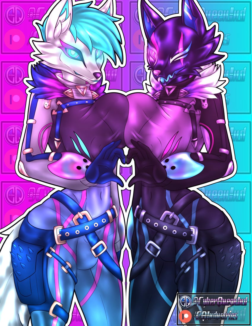 1futa 1girls absurd_res anthro black_body breast_squish breast_to_breast breast_touch breasts canid canine canis clothed clothed_female clothing cyberqueenindustries duo epic_games female fortnite fox fur_trim futanari genitals gesture glistening glistening_body glowing glowing_eyes hand_heart hi_res highwire_(fortnite) intersex latex looking_at_viewer mammal nipple_bulge nipples_visible_through_clothing one_eye_closed open_mouth original_character pack_leader_highwire penis shiny shiny_body squish standing white_body wink winking_at_viewer wolf wolf_girl