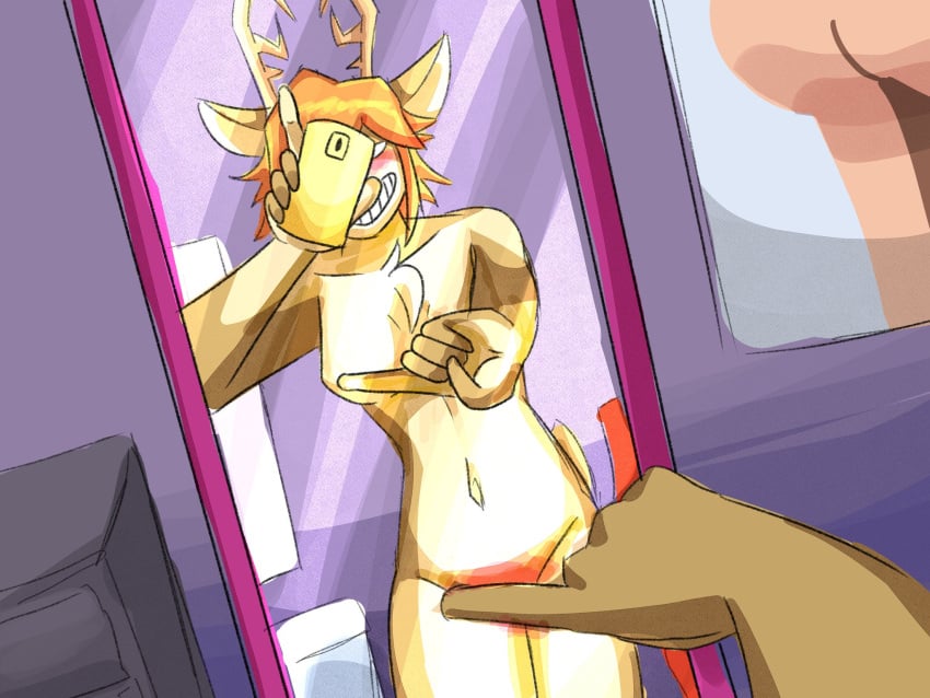 1girls animal_ears anthro antlers blush breasts brown_body cellphone covering fur furry furry_female grin holding_phone indoors legs mammal mirror navel nude one_finger_selfie_challenge orange_hair phone robablo selfie senftember senftember_(2023) stomach thighs