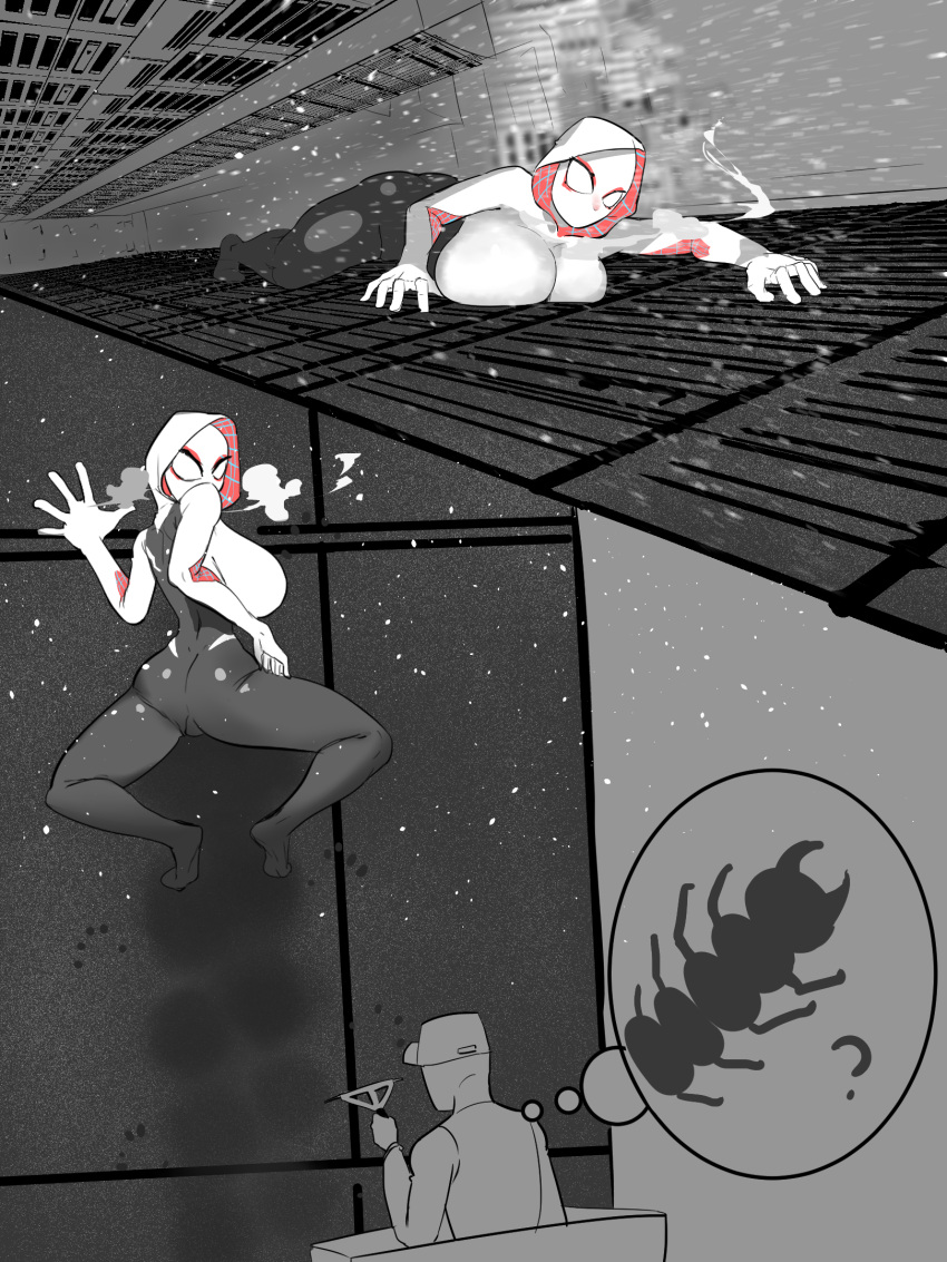 1boy 1girls against_glass against_surface against_wall alternate_body_type alternate_breast_size background bodysuit breast_markings breast_press breast_squeeze breasts_against_glass breasts_bigger_than_head breath breathing building centipede city_background cityscape climbing comic curious eyelashes gwen_stacy hood huge_breasts hurakan0 imagining marvel monochrome monochrome_background outdoors question_mark skin_tight skindentation skyscraper snow snowfall snowflake snowing spider-gwen spider-man_(series) steam steamy_breath thought_bubble washer what_if...? window window_washing