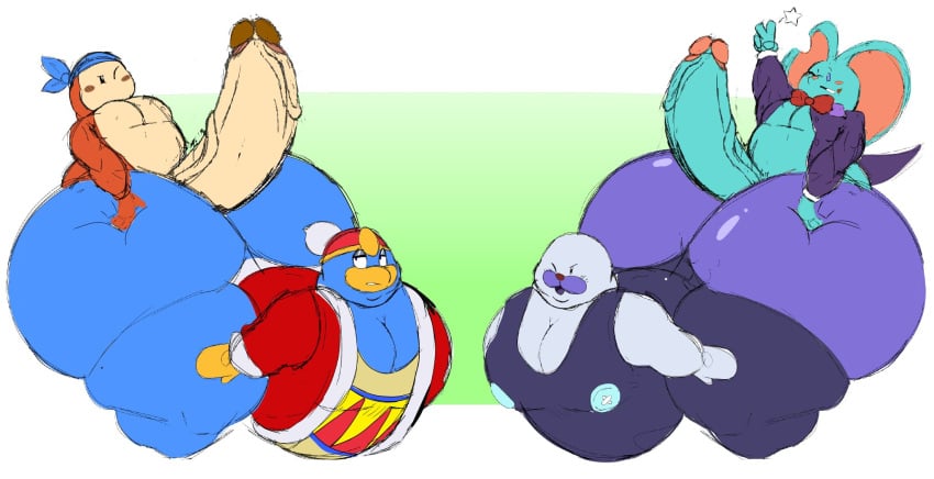 anthro ass avian bandana bandana_waddle_dee bent_over big_butt big_penis bird blue_body bow_tie chinchilla chinchillid clothing domoatdark elfilin erection genitals gesture green_body group hat headgear headwear hi_res hot_dogging huge_butt huge_cock huge_thighs humanoid hyper hyper_butt hyper_genitalia hyper_penis kerchief king_dedede kirby_(series) male male/male male_only mammal mr._frosty mr._frosty_(kirby) multicolored_body nintendo one_eye_closed open_mouth overalls penguin penis robe rodent thick_thighs two_tone_body v_sign waddle_dee