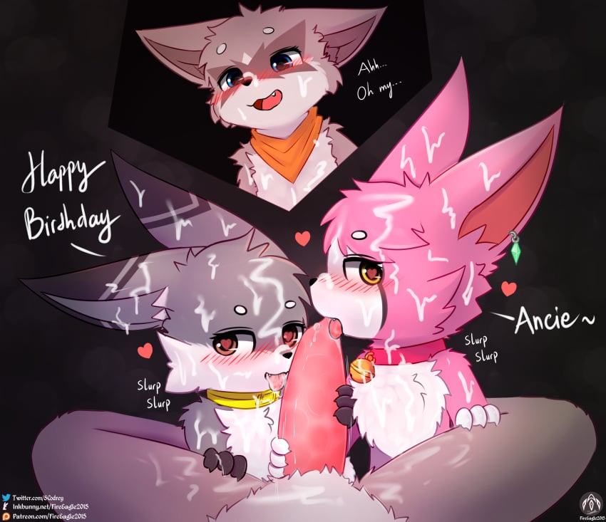 <3_eyes absurd_res anthro bat bell birthday birthday_gift blush bodily_fluids claws collar cum cum_on_body cum_on_face dust:_an_elysian_tail ear_piercing ear_ring fangs fellatio genital_fluids genitals group heart hi_res iradeon licking lune_(lunesnowtail) lying male male/male mammal nimbat oral penile penis penis_lick piercing procyonid raccoon ring_piercing scarf sean_(senz) senz sex teeth text tongue tongue_out trio