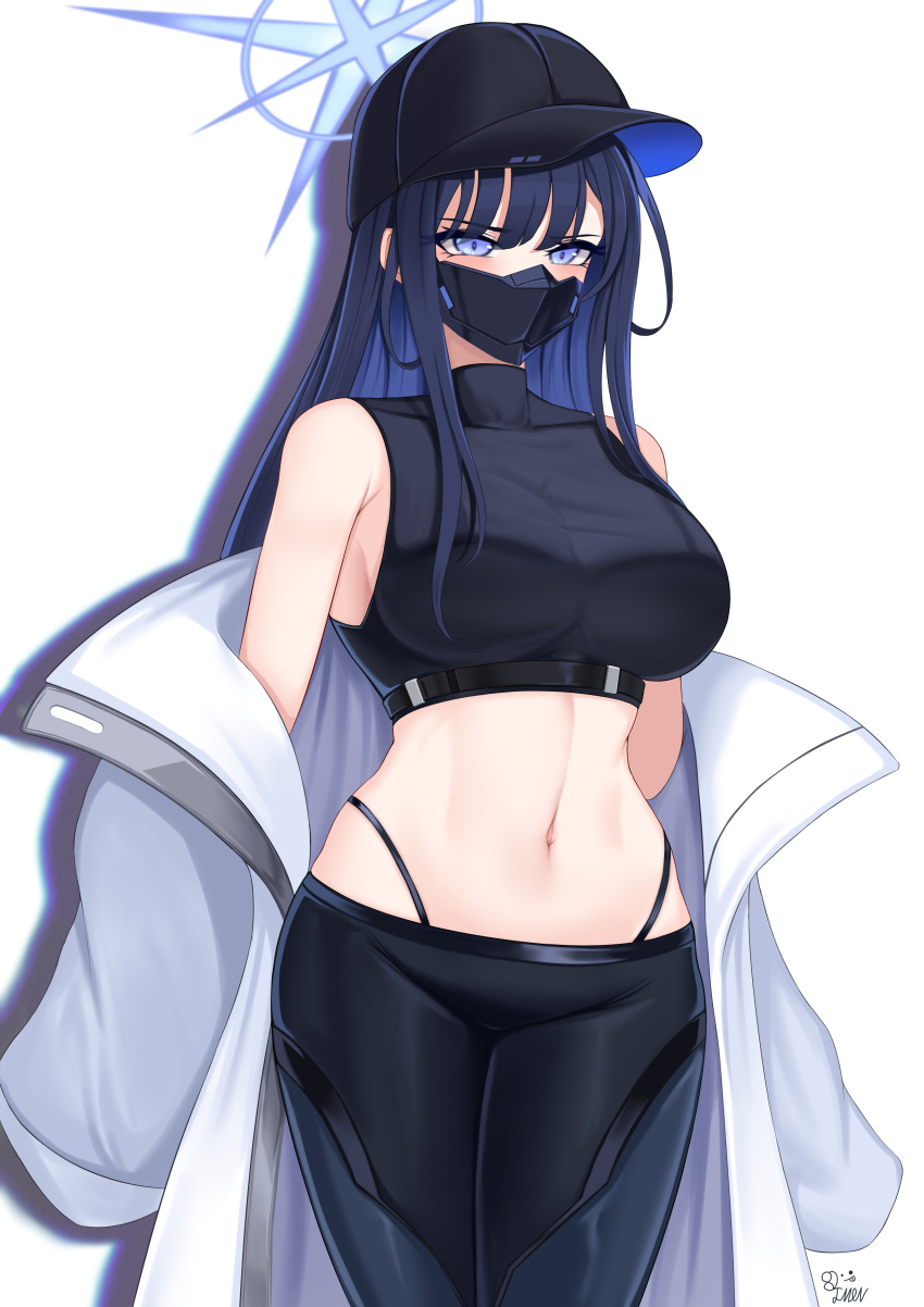 1girls 82jhin angry belly belly_button belly_focus big_breasts blue_archive blue_eyes blue_hair blush breasts cap clothed clothed_female clothing curvy curvy_female curvy_figure female female_only halo hat highres innie_belly_button innie_navel light-skinned_female light_skin looking_at_viewer mask masked masked_female midriff navel navel_focus saori_(blue_archive) shy solo white_background