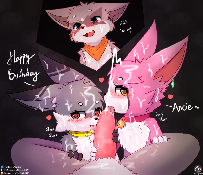 <3_eyes absurd_res anthro bat bell birthday birthday_gift blush bodily_fluids claws collar cum cum_on_body cum_on_face cumshot dust:_an_elysian_tail ear_piercing ear_ring ejaculation fangs fellatio genital_fluids genitals group heart hi_res iradeon licking lune_(lunesnowtail) lying male male/male mammal nimbat oral penile penis penis_lick piercing procyonid raccoon ring_piercing scarf sean_(senz) senz sex teeth text tongue tongue_out trio