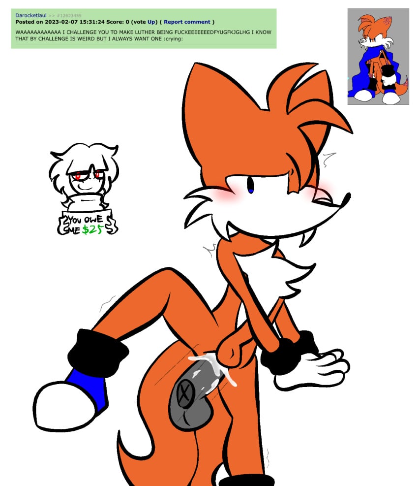 2_tails 2boys anal anal_sex anon anthro blush blushing cum cum_inside disembodied_penis emkuno gay human_on_anthro looking_at_viewer luther_(needlemouse) male_penetrating male_penetrating_male multi_tail needlemouse_(series) orange_fur penis penis_in_ass reference_image request sarah_henderson_(needlemouse) self_upload simple_background tagme white_background white_gloves