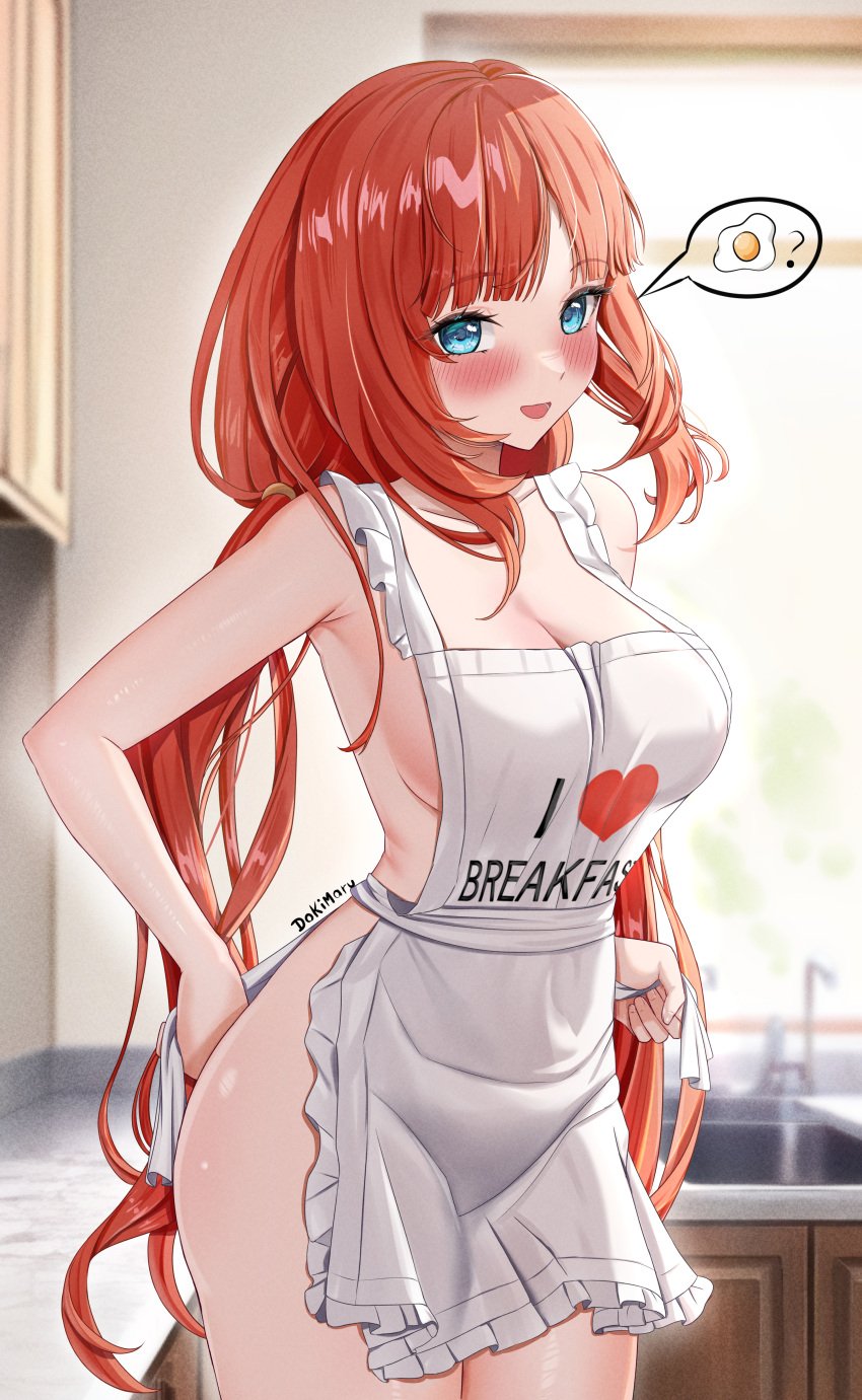 armpits blue_eyes blush breakfast breasts dokimaru female_only genshin_impact kitchen naked_apron nilou_(genshin_impact) red_hair wife