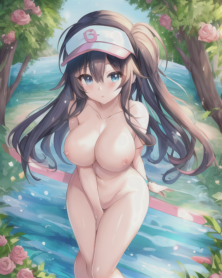 ai_generated blue_eyes brown_hair forest full_body hat large_breasts long_hair naked naked_female pink_rose pokemon rosa_(pokemon) water white_hat zerjailes