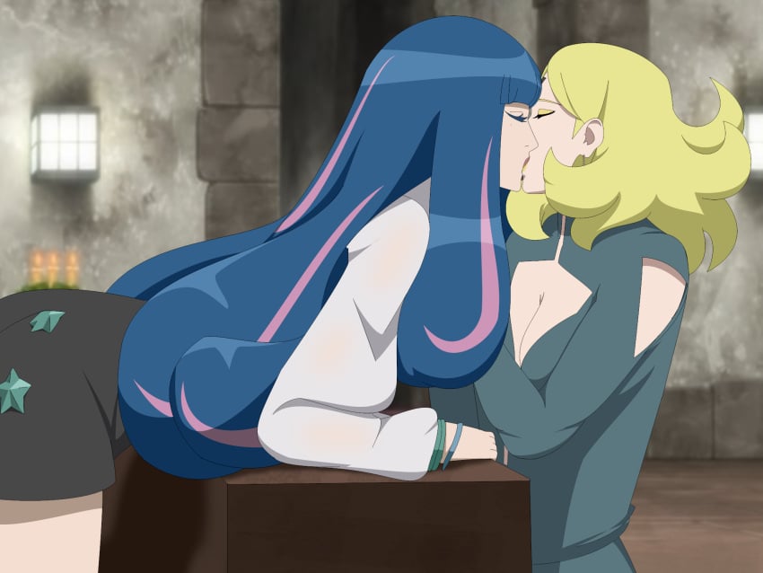 2girls ada_(boruto) bent_over big_breasts blonde_hair blue_and_pink_hair blunt_bangs boruto:_naruto_next_generations breasts busty center_opening closed_eyes delta_(boruto) earrings female female/female female_only jewelry kissing lipstick long_hair makeup multicolored_hair multiple_girls naruto naruto_(series) no_bra optimystic revealing_clothes sitting standing table two_tone_hair very_long_hair voluptuous yuri