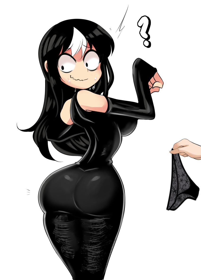 ? armsleeves armwear ass big_ass black_hair breasts clothing female fully_clothed looking_back lucyfercomic no_panties noss_the_nosferatu_(crap-man) original original_character panties presenting presenting_panties suprised suprised_eyes suprised_look white_streak