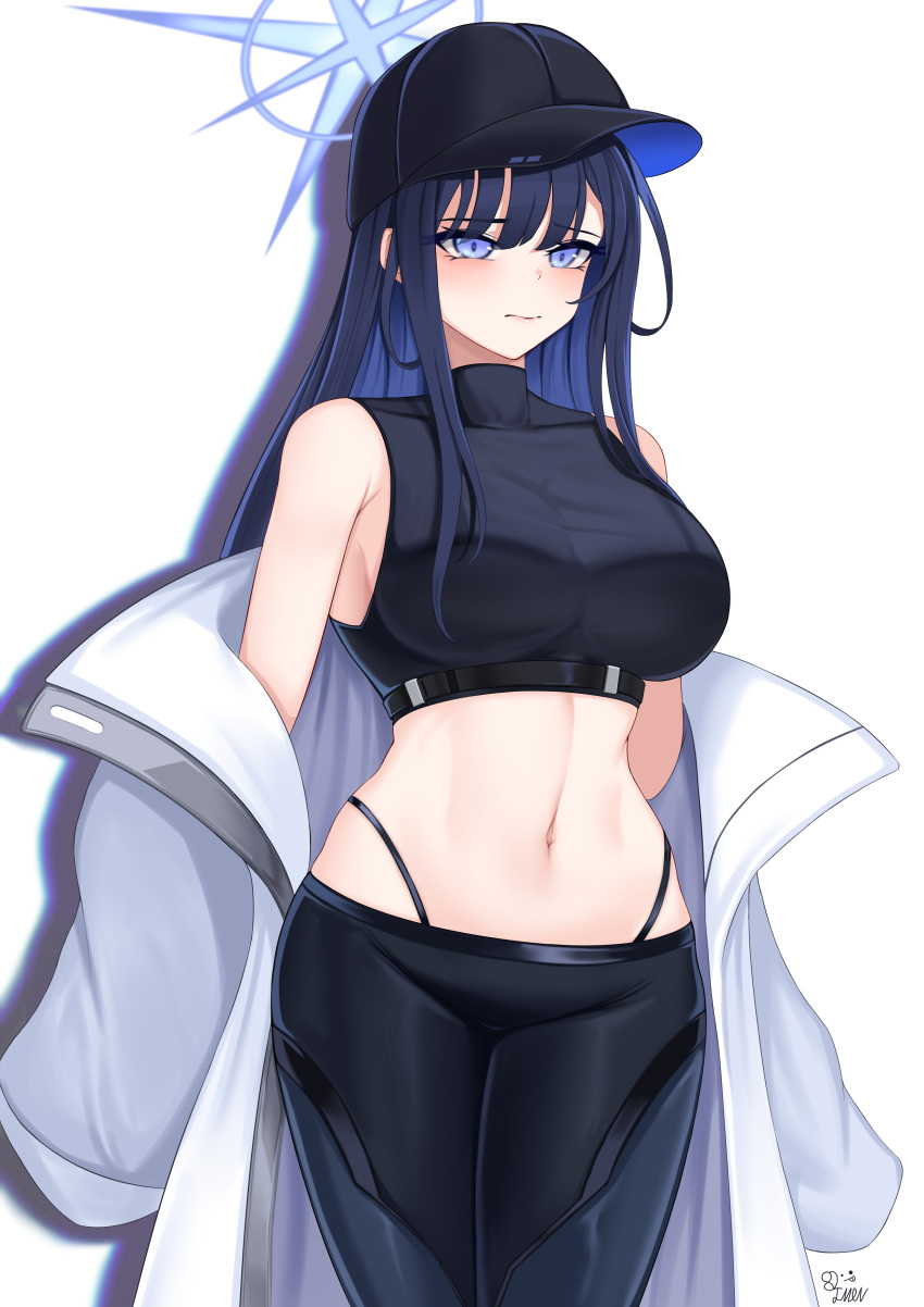 1girls 82jhin belly belly_button belly_focus big_breasts blue_archive blue_eyes blue_hair blush breasts cap clothed clothed_female clothing curvy curvy_female curvy_figure female female_only halo hat highres innie_belly_button innie_navel light-skinned_female light_skin looking_at_viewer midriff navel navel_focus saori_(blue_archive) shy solo white_background