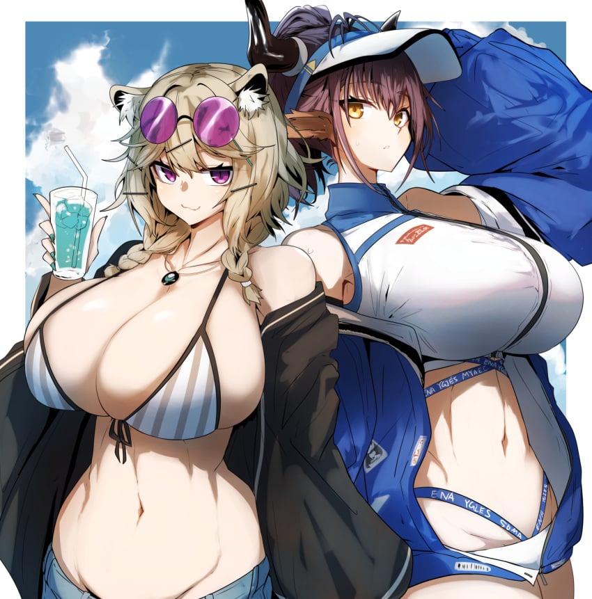 2023 2girls absurd_res animal_ears arknights bikini_top breasts duo duo_focus female_focus female_only gin_moku huge_breasts looking_at_viewer medium_hair midriff purple_eyes sideroca_(arknights) sideroca_(light_breeze)_(arknights) sunglasses sunglasses_on_head swimsuit toned toned_female toned_stomach utage_(arknights) utage_(summer_flowers)_(arknights) yellow_eyes