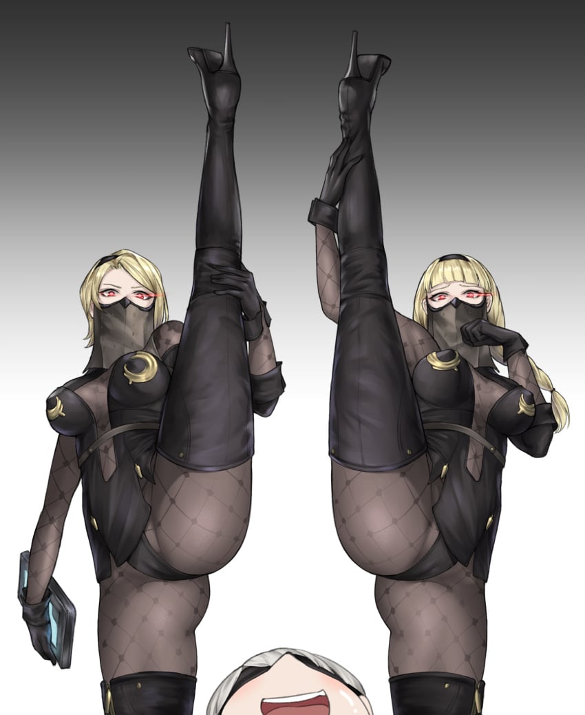 1boy 2girls black_gloves black_hairband blonde_hair boots cameltoe closed_eyes fishnet_legwear fishnets flexible gloves hairband hands_on_own_face high_heel_boots high_heels highres kuronerinka long_hair medium_hair mind_control mouth_veil multiple_girls nier:_automata nier_(series) open_mouth operator_21o operator_6o red_eyes see-through split standing standing_on_one_leg standing_split thigh_boots thighhighs upper_body veil vertical_splits yorha_9s