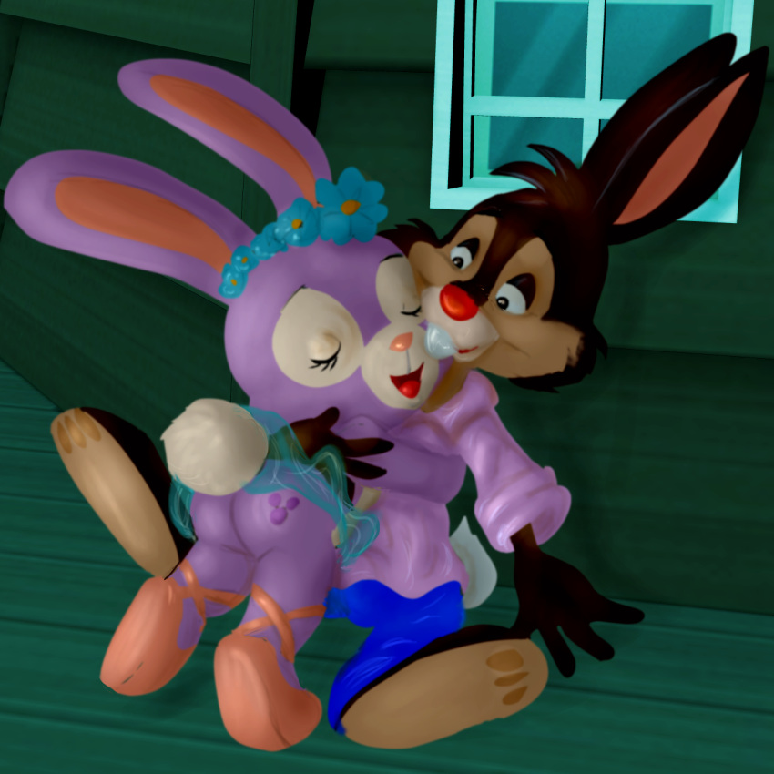 1boy 1girls anthro ass big_ass big_butt br'er_rabbit brown_fur bunny closed_eyes clothed clothing cub disney duffy_and_friends female footwear furry furry_only hug laying_down laying_on_back male mousetache on_top pawpads paws purple_fur rabbit short_skirt song_of_the_south stellalou tail