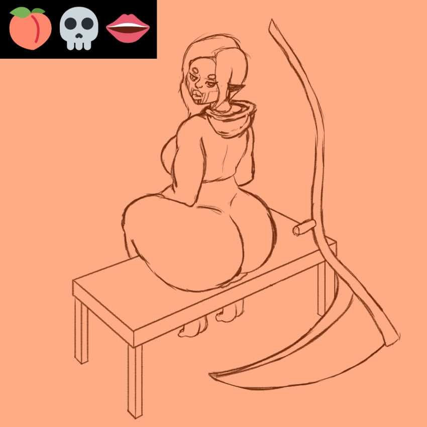 barefoot big_ass big_lips bottomless elf elf_ears female hoodie long_hair midriff only0neman over_the_shoulder scythe sketch slim_waist tagme thick_thighs wet_pussy