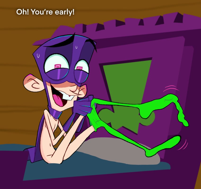 1boy aged_up bedroom blush buckteeth cape dressing fanboy_(character) fanboy_and_chum_chum green_costume human male male_only mask nickelodeon privates_concealed purple_costume skinny_male smooth_skinned_male solo superhero sweatdrop sweating tights_down toony