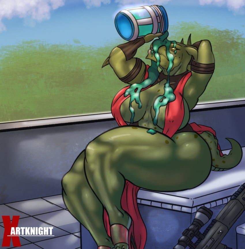 all_over_body anthro arms_behind_back arms_up breasts chug_jug clothing dragon dragon_tail female fortnite green_body green_skin high_heels holding_object hybrid_(fortnite) legs red_high_heels rule_63 smiling sniper sniper_rifle spilled thick_thighs video_games weapon xartknight yellow_eyes