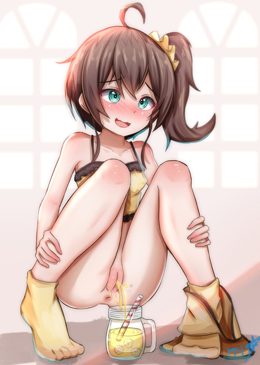 absurdres ahoge ankle_socks anklehighs anus aqua_eyes bare_shoulders blush boppin bottomless breasts brown_hair camisole cleft_of_venus covered_nipples drinking_straw female frilled_camisole frills full_body hair_ornament hair_scrunchie highres hololive hololive_gen_1 hololive_japan ice ice_cube medium_hair natsuiro_matsuri nose_blush open_mouth orange_shorts peeing peeing_in_cup scrunchie short_shorts shorts shorts_around_one_leg side_ponytail signature small_breasts socks solo spaghetti_strap squatting tiptoes urine virtual_youtuber yellow_camisole yellow_scrunchie yellow_socks