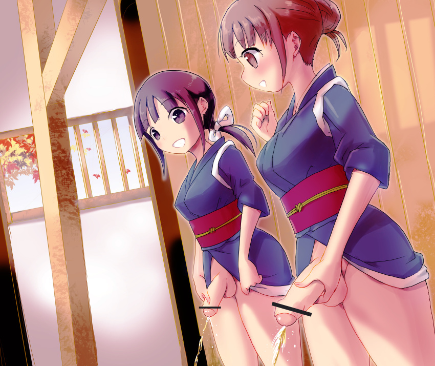 2futas absurd_res balls bar_censor big_balls borusen bottomless breasts brown_eyes brown_hair censored clothed clothing duo flaccid futa_only futa_with_futa futanari human kimono light-skinned_futanari light_skin medium_breasts partially_clothed peeing peeing_standing_up penis ponytail short_hair standing standing_up testicles urination urine violet_eyes