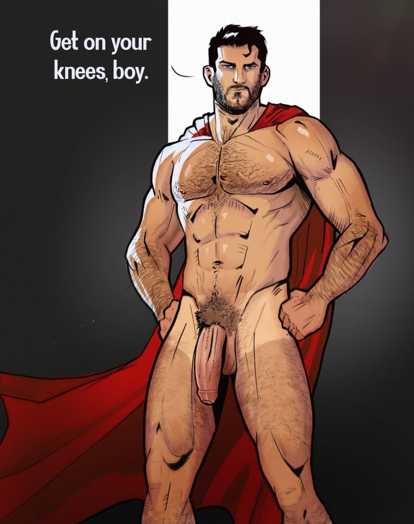 abs biceps big_cock big_penis cape cape_only codyfordart dialogue english_text flaccid flaccid_penis hairy hairy_chest hands_on_hips huge_cock male male_only muscles muscular muscular_male pecs superhero tanlines uncut