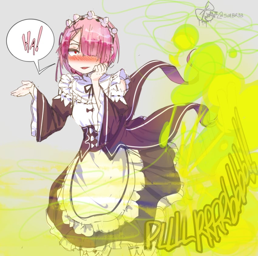 1girls blush blushing fart fart_cloud fart_everywhere fart_fetish farting farting_at_viewer farts fully_clothed maid ram_(re:zero) re:zero_kara_hajimeru_isekai_seikatsu simple_background smug solo surreal_mayhem surrealmayhem_(artist)