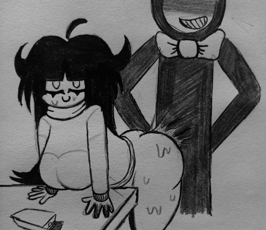 bendy bendy_and_the_ink_machine breasts cumming female happy_face krala_ulti needlemouse_(series) sarah_henderson_(needlemouse) sex sweating weird_crossover