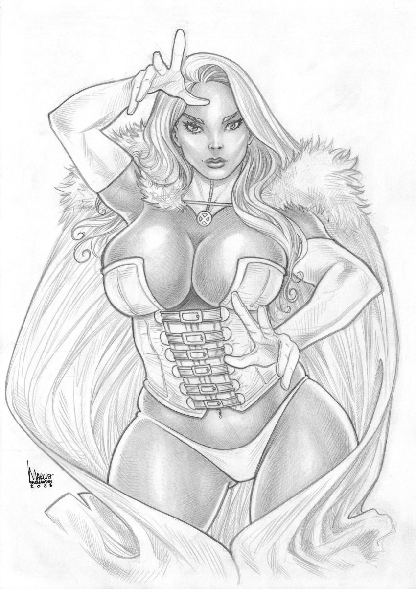 1girls 2023 black_and_white breasts cape cleavage corset emma_frost female female_only huge_breasts marcio_fernandes marvel marvel_comics panties solo telepath white_queen x-men