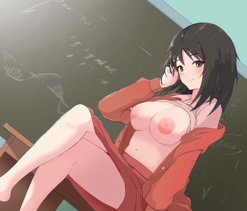 1girls aged_up alternate_breast_size areolae artist_request azumanga_daiou bare_legs black_eyes black_hair blush breasts breasts_out classroom crossed_legs feet_out_of_frame female hidden_curves indoors large_breasts looking_at_viewer mostly_clothed nipples no_panties open_clothes open_jacket osaka_ayumu_kasuga pale_skin partially_clothed pink_nipples red_clothing shirt_lift sitting skirt smile solo topless