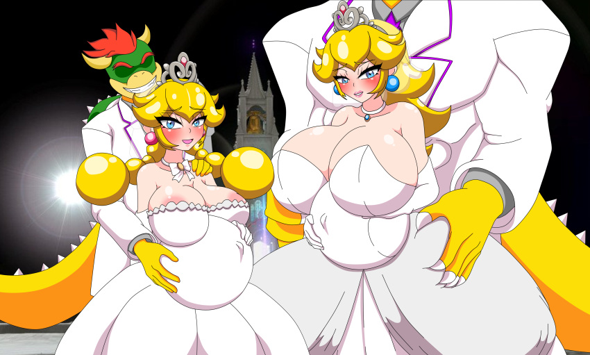 2boys 2girls big_breasts bigger_male blonde_hair bowser bowser_jr. crown father_and_son female huge_breasts large_breasts male mario_(series) multiple_boys multiple_girls new_super_mario_bros._u_deluxe peachette ponytail pregnant princess_peach smaller_female super_mario_odyssey toadette twintails wedding_dress wedding_peach_(super_mario_odyssey) xml_xrossover(artist)