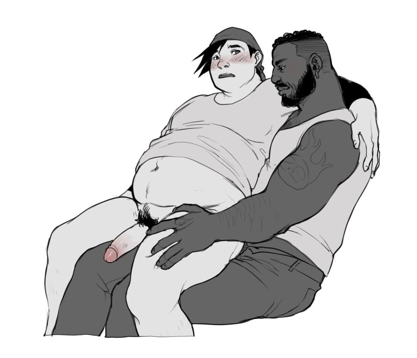 2boys anal_penetration anal_sex arm_tattoo bandanna barret_wallace black_hair blush bottomless chubby_male dark-skinned_male facial_hair final_fantasy final_fantasy_vii fucked_from_behind gay kaciart light-skinned_male male_only monochrome pants_open penis pubic_hair retracted_foreskin shaved_side sitting_on_lap sitting_on_penis square_enix tattoo wedge_(ff7) yaoi