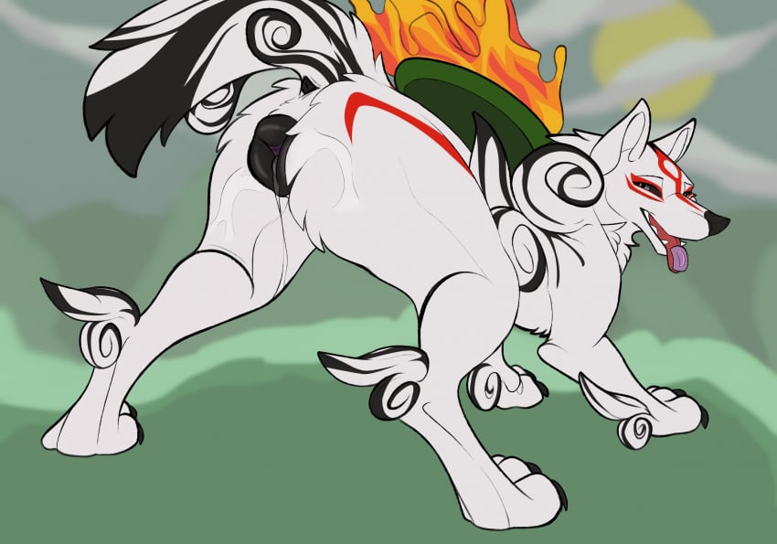 2023 amaterasu amaterasu_(okami) anatomically_correct anatomically_correct_anus anatomically_correct_genitalia anatomically_correct_pussy animal_genitalia animal_pussy anus ass black_anus black_body black_fur black_markings black_pussy bodily_fluids canid canine canine_genitalia canine_pussy canis capcom claws condom condom_in_mouth condom_wrapper deity digital_drawing_(artwork) digital_media_(artwork) eyelashes female feral fur genital_fluids genitals half-closed_eyes hi_res in_heat looking_back mammal markings narrowed_eyes object_in_mouth okami okami_(capcom) paws plump_labia presenting presenting_anus presenting_hindquarters presenting_pussy purple_condom pussy pussy_juice pussy_juice_string quadruped raised_tail rear_view red_markings sexual_barrier_device solo tail toe_claws tongue tongue_out white_body white_fur wolf zeniarmr