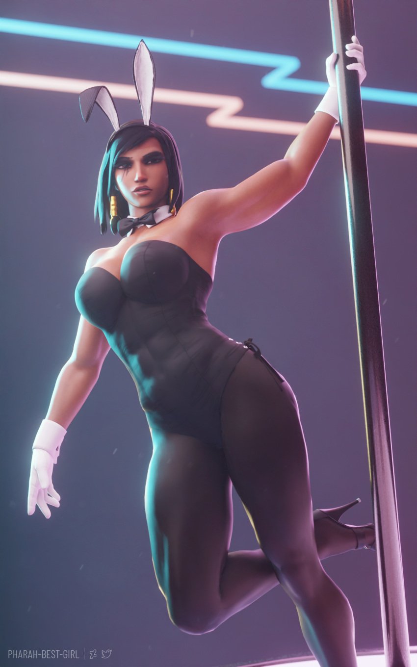 3d abs animal_ears black_eyes black_hair blender bowtie bunny_ears bunnysuit clothing dark-skinned_female dark_skin female footwear gloves high_heels high_resolution muscle muscular_female nylons overwatch overwatch_2 pharah pharah-best-girl pole self_upload shoes stripper_pole white_gloves