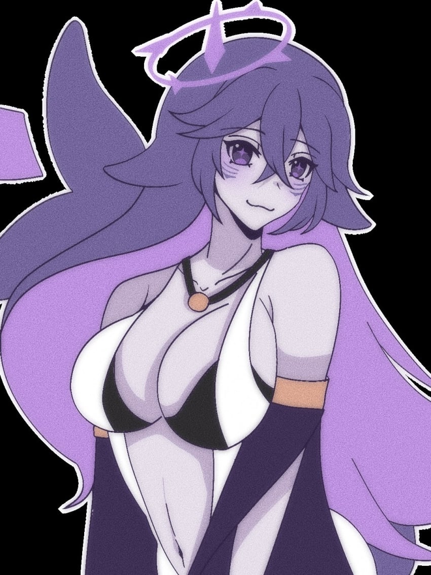 1girls belly_button big_breasts clothed clothing female female_only grey-skinned_female grey_skin halo happy indie_virtual_youtuber megalodon_(vtuber) purple_hair shark_girl shark_tail smile virtual_youtuber yang_yuta