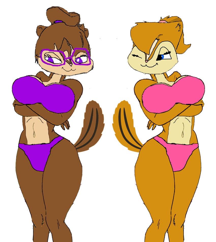 20th_century_fox 2girls alluring alvin_and_the_chipmunks alvin_and_the_chipmunks_the_squeakquel anthro big_breasts bikini blue_eyes brittany_and_the_chipettes brittany_miller cleavage eyeglasses female female_only jeanette_miller jojocoso pin_up posing purple_eyes regency_enterprises silf silfs sisters swimsuit voluptuous