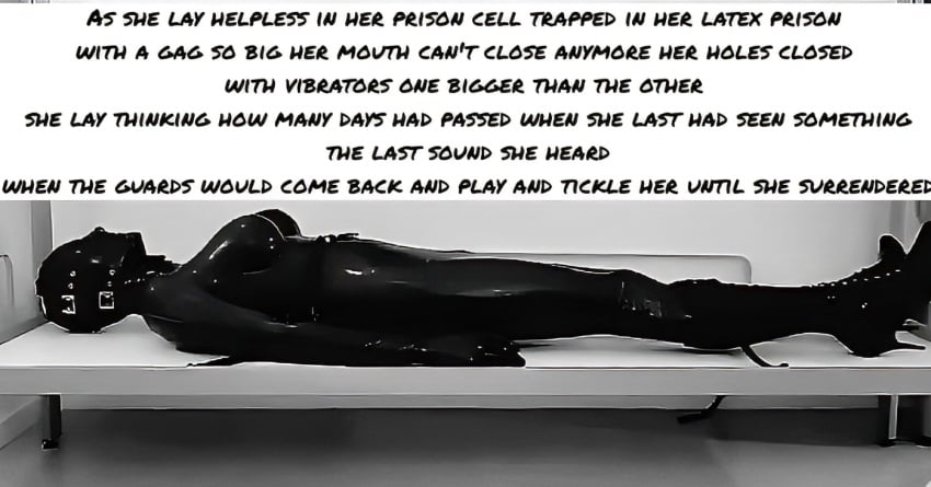 ac bed blindfold bondage gag heels high_heels hooded_june latex latex_bodysuit latex_suit mask masked prison prison_cell real_person rubber rubber_suit sex_slave slave