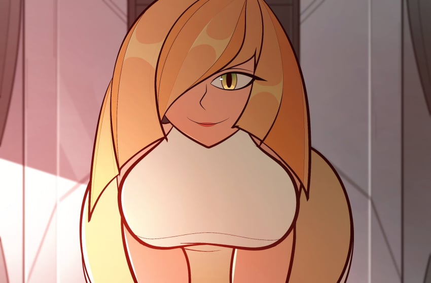 1girls arkeus big_breasts blonde_hair breasts clothing female female_only game_freak green_eyes hair hair_over_one_eye huge_breasts lips long_hair looking_at_viewer lusamine_(pokemon) mature mature_female mature_woman milf mother pokemon pokemon_sm smile solo solo_female