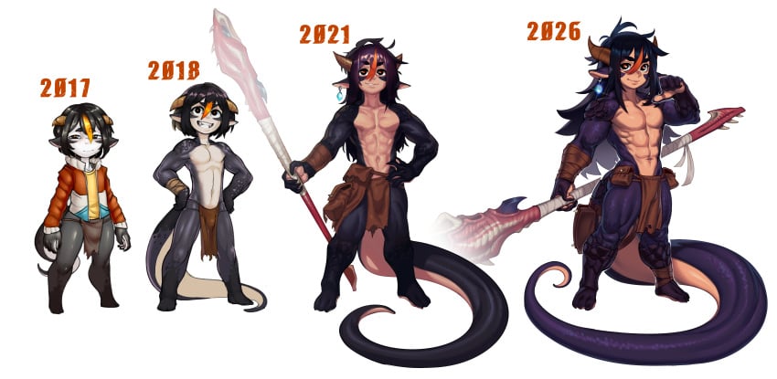 1boy character_sheet eigaka horns idian loincloth long_hair_male male_only oc original_character reference_image reptile_humanoid solo spear tail
