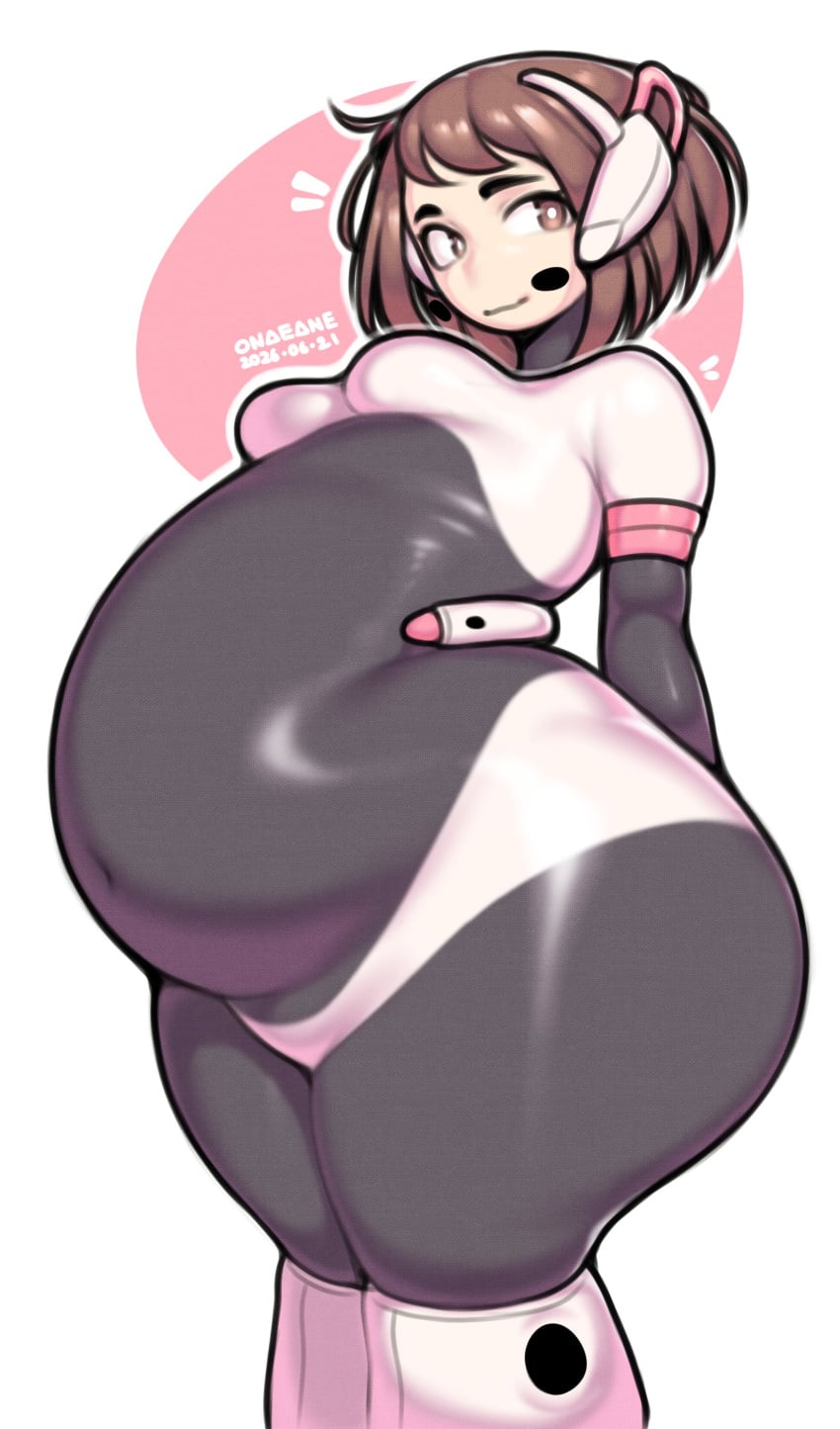 1girls ass belly belly_overhang bodysuit boku_no_hero_academia boobs breasts brown_eyes brown_hair fat_ass hero_outfit_(mha) my_hero_academia ochako_uraraka onaeane pregnant pregnant_belly pregnant_female simple_background thighs white_skin wide_hips