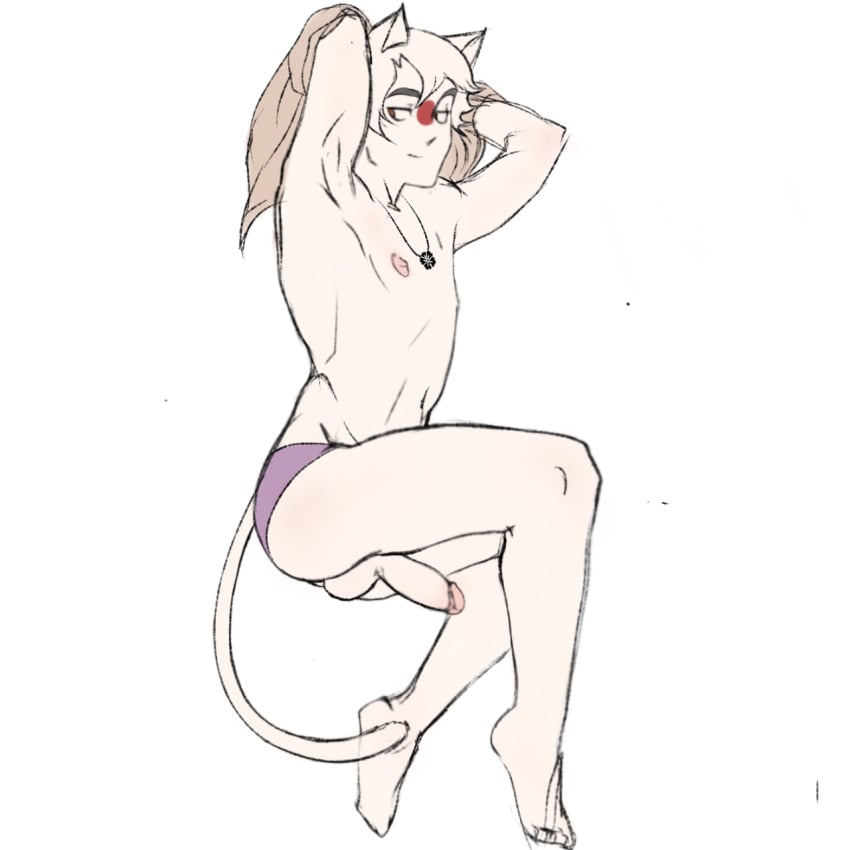 _bro_m arms_up ass bottomless_male brown_eyes cat_ears cat_tail catboy chest countryhumans feet japan_(countryhumans) legs_together looking_at_another male male_only nipples pale_skin penis_out posing short_hair shorts solo tail white_cat white_hair white_skin