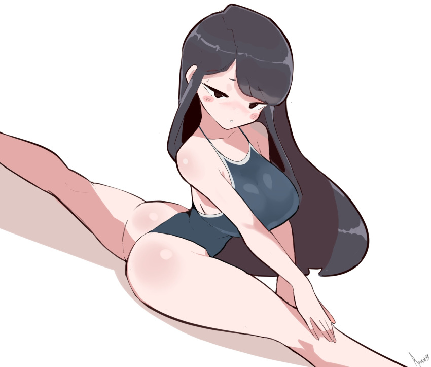 akisas99 big_ass big_breasts black_hair blush blush brown_eyes gym_uniform komi-san_wa_komyushou_desu komi_shouko long_hair one-piece_swimsuit stretching