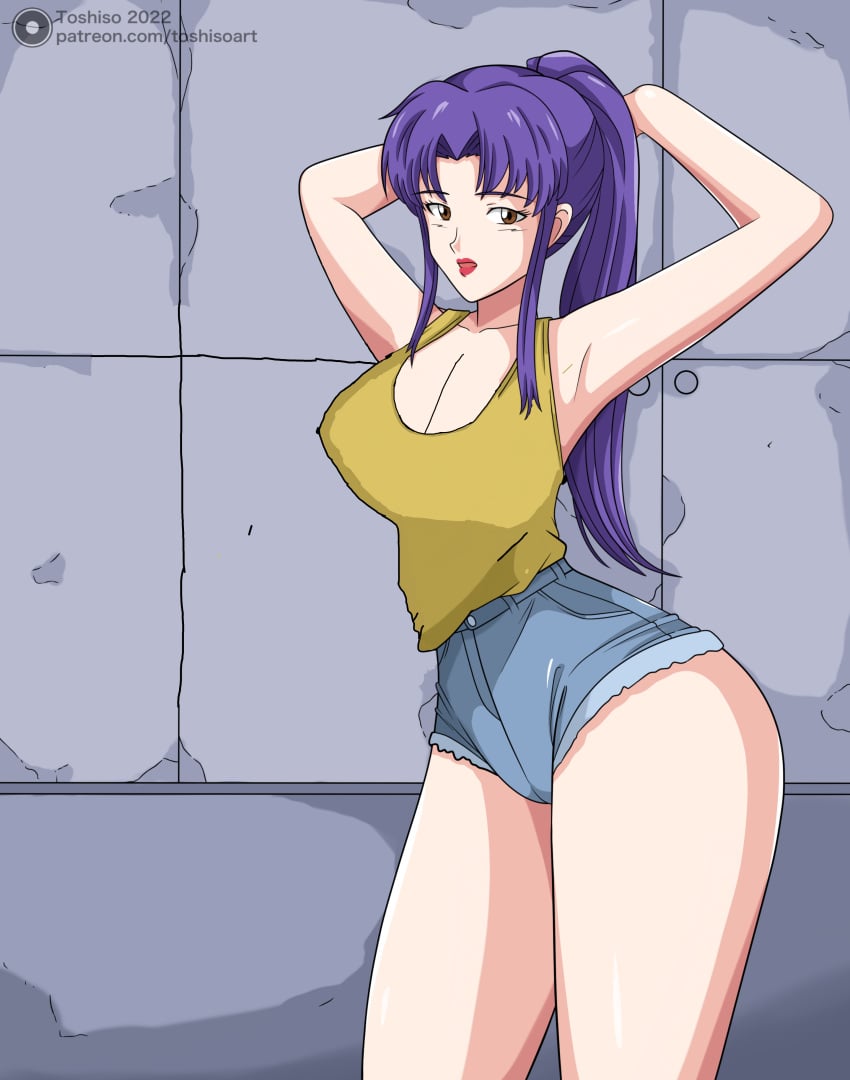 1girls armpits arms_behind_head big_ass big_breasts brown_eyes busty cleavage curvaceous curvy curvy_female curvy_figure denim_shorts edit female female_only fully_clothed jean_shorts large_breasts light_skin long_hair misato_katsuragi neon_genesis_evangelion pose posing purple_hair red_lips shorts simple_background solo tank_top thick_thighs toshiso yellow_clothing