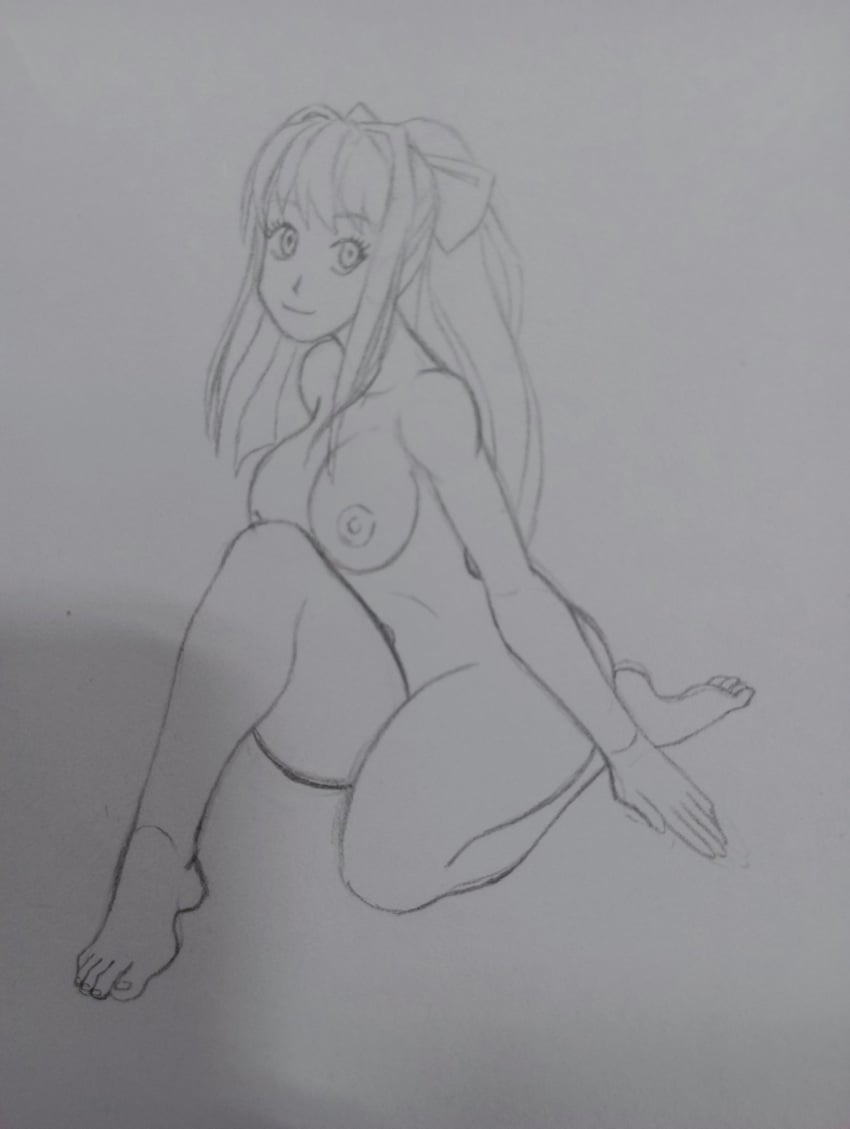 1girls areolae barefoot bow breasts completely_nude completely_nude_female doki_doki_literature_club female female_only full_body just_monika long_hair looking_to_the_side monika_(doki_doki_literature_club) naked naked_female nipples nude nude_female on_one_knee ribbon sketch smile solo solo_female wolfdog_shiranui