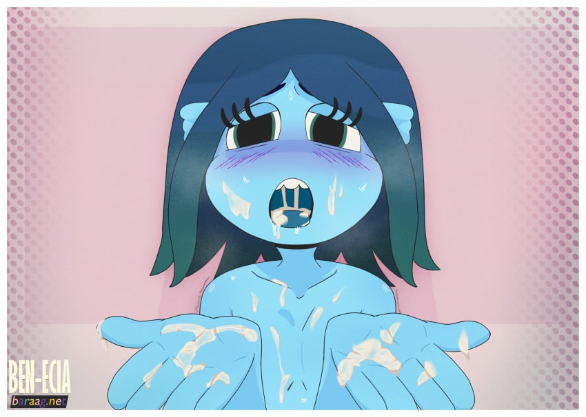 1girls after_fellatio after_oral anthro ben-ecia blue_skin cum cum_in_mouth dreamworks female female_only musk open_mouth ruby_gillman ruby_gillman,_teenage_kraken squid_girl sweat