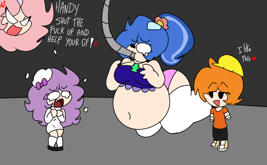 1boy 3girls angry angry_face big_belly big_breasts dark_room desperation dialogue feeding_tube friday_night_funkin giggles_(htf) handy_(htf) happy_tree_friends heart hottiegirl34_(artist) inflated_belly inflation lammy_(htf) petunia_(htf) seductive seductive_smile