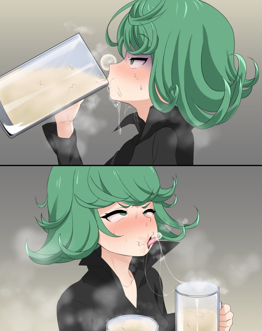 1girls ahe_gao cum cum_bubble cum_drinking cum_in_container cum_in_glass daroon5 disgusted drinking drinking_cum excessive_cum gokkun green_hair mug one-punch_man solo stray_pubic_hair tatsumaki tongue tongue_out