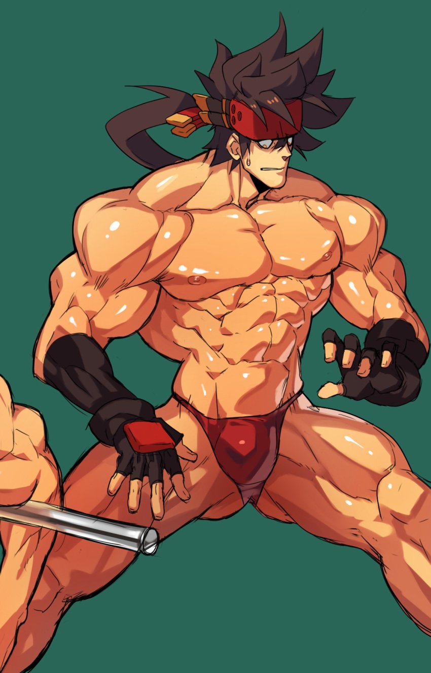 bara bulge guilty_gear headband male male_only muscles muscular na_insoo rennik sol_badguy solo solo_male spread_legs