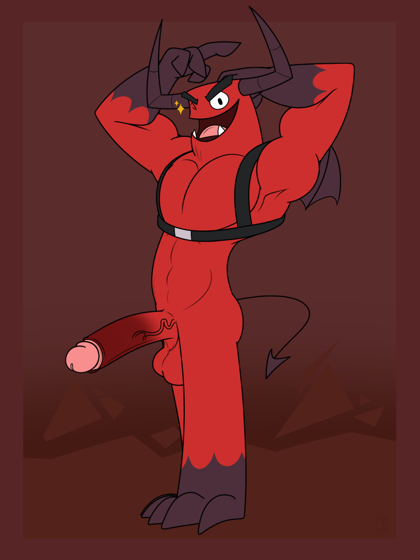 1boy balls demon demon_(rat_snacks) foreskin genitals half-erect harness hi_res horn humanoid looking_at_viewer male male_only one_eye_closed penis pinup pose rat_snacks red_body red_skin retracted_foreskin solo tail wings wink winking_at_viewer