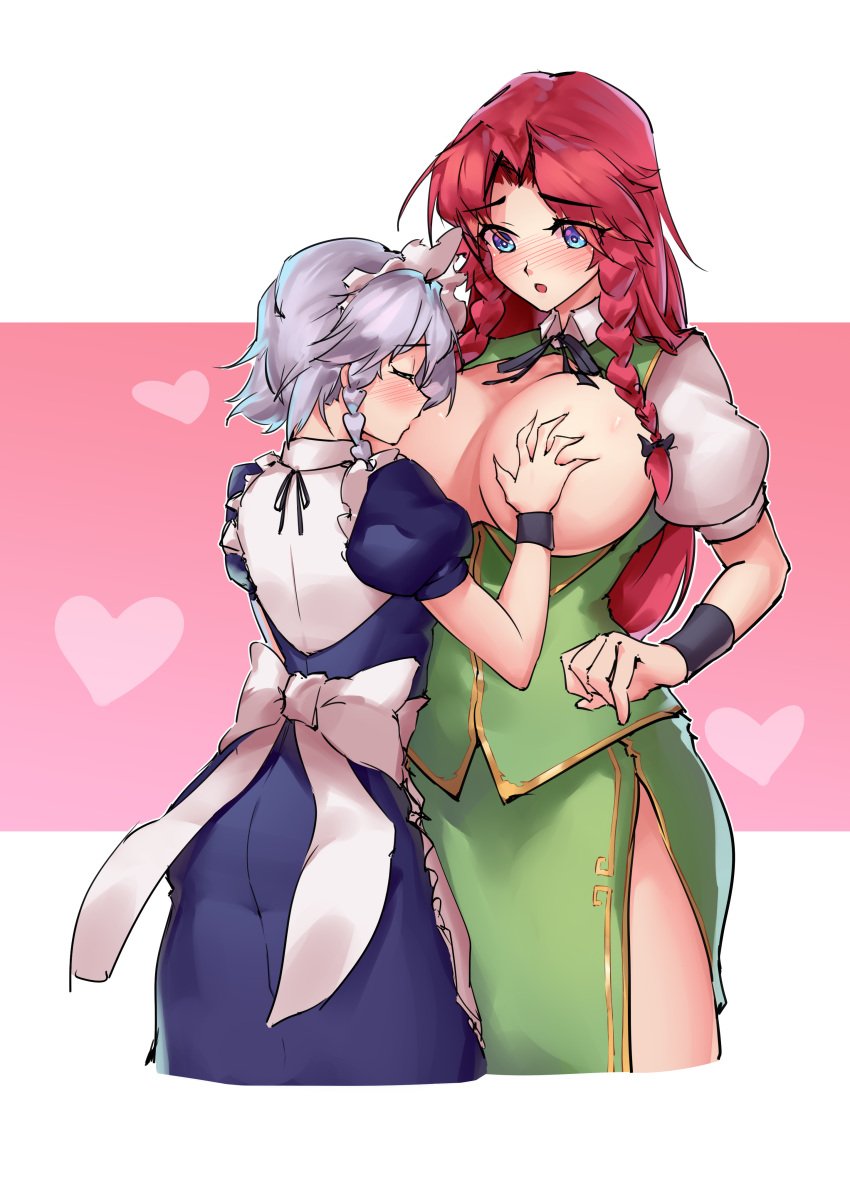 absurdres apron blue_dress bow braid breast_sucking breastfeeding breasts china_dress chinese_clothes curvy curvy_milf dress embodiment_of_scarlet_devil green_bow grey_hair highres hong_meiling huge_breasts izayoi_sakuya large_breasts maid maid_apron maid_headdress milf multiple_girls nipple_sucking sakuya_izayoi short_hair shriohalfarm sucking_huge_breast touhou twin_braids waist_apron woman_sucking_breast young_woman young_woman_and_milf yuri