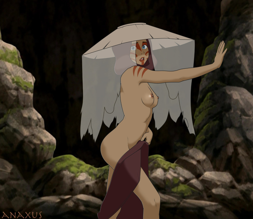 1girls anaxus artist_name avatar_legends avatar_the_last_airbender breasts covering covering_crotch facepaint female hat katara makeup naked nipples painted_lady solo solo_female surprised surprised_expression