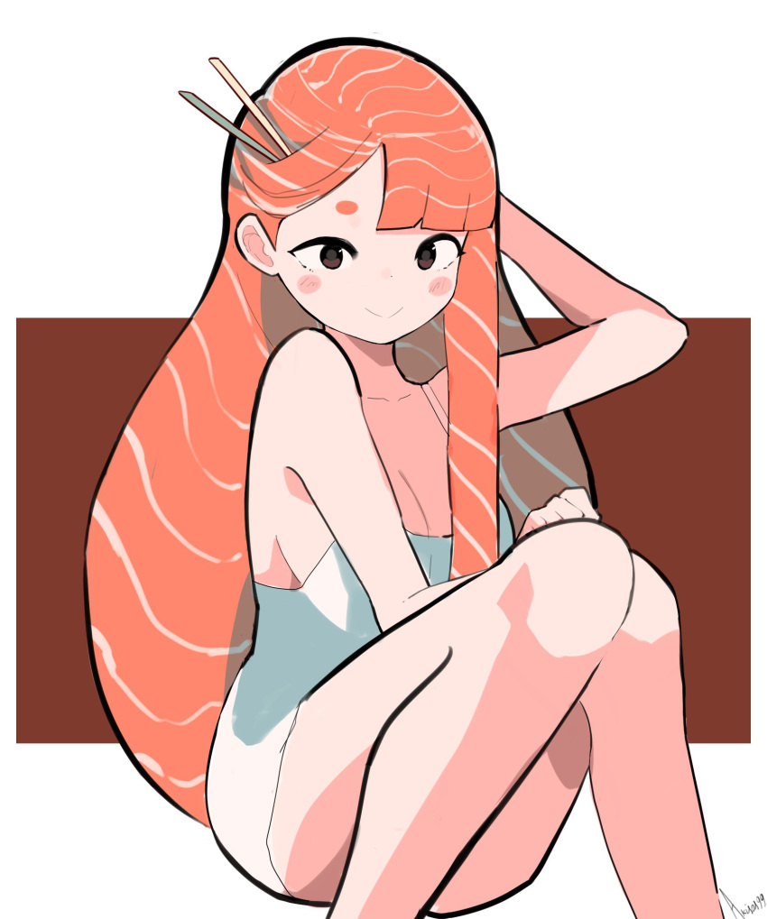 akisas99 brown_eyes exposed_legs looking_at_viewer orange_hair original original_character sashimi_(character) smiling smiling_at_viewer