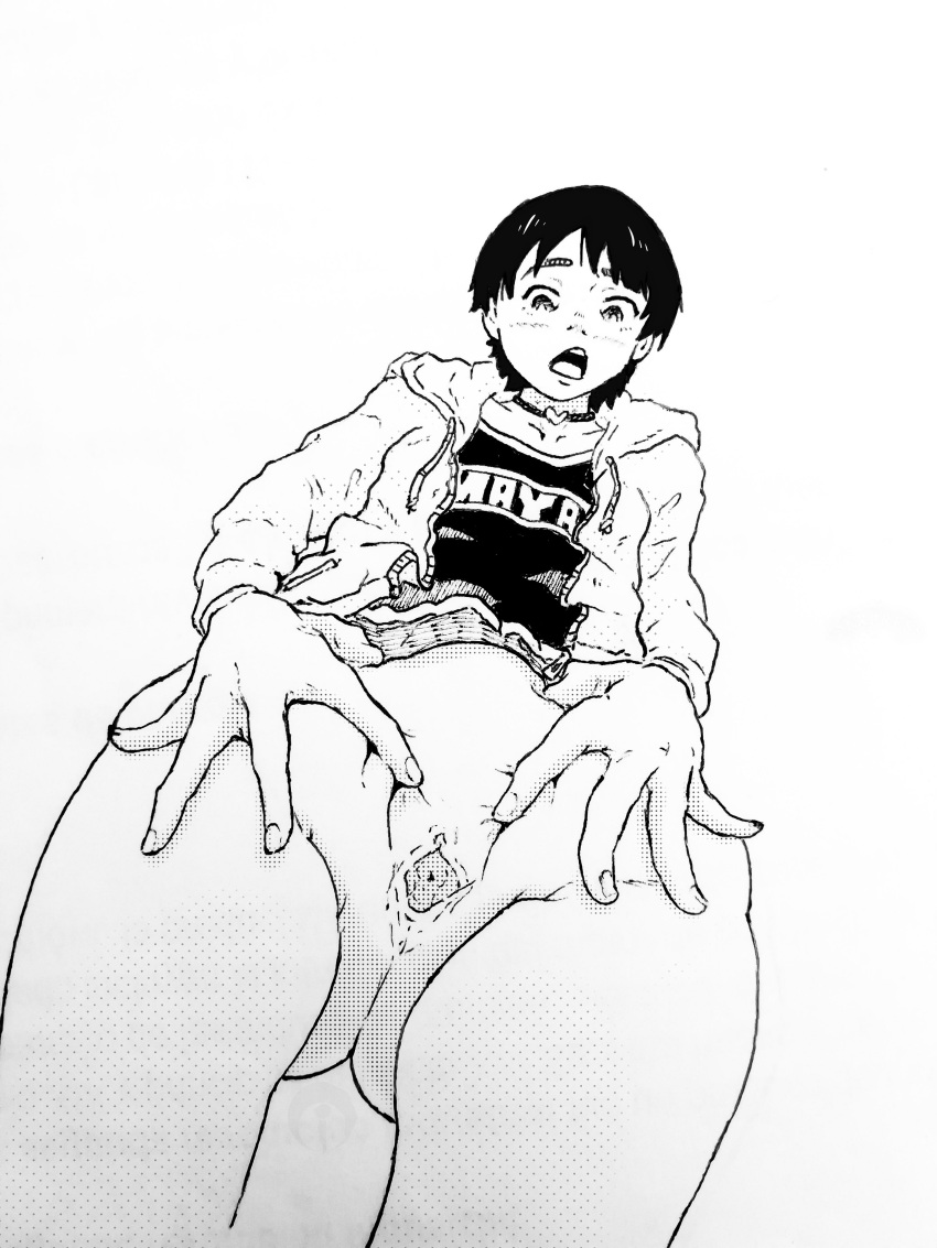 akane-banashi akane_osaki black_and_white embarrassed fingers hairless_pussy hips hoodie legs letze monochrome petite pussy shirt short_hair spread_pussy tomboy viewed_from_below young